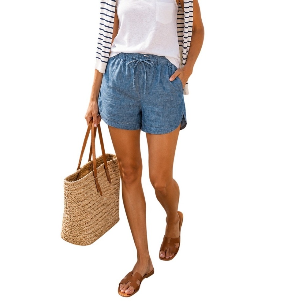 J. Crew Women's Drawstring Pull On Preppy Beachy Chambray Denim Shorts Sz Small